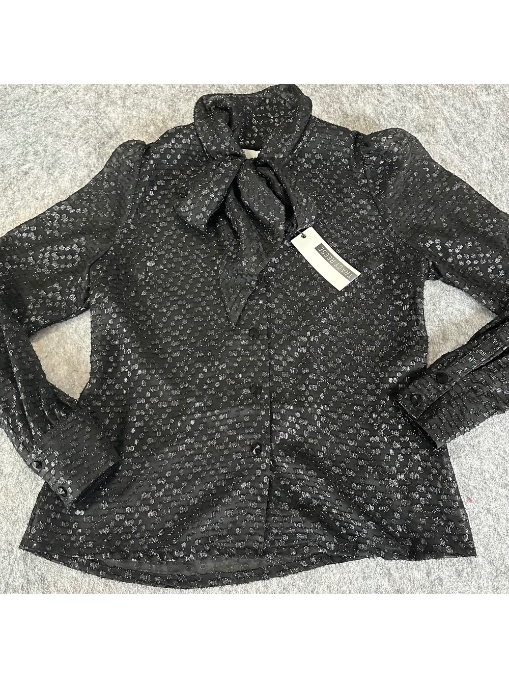 Tracy Reese Black Metallic Clip Dot Tie Neck Bow Blouse Top Office Siren S NWT
